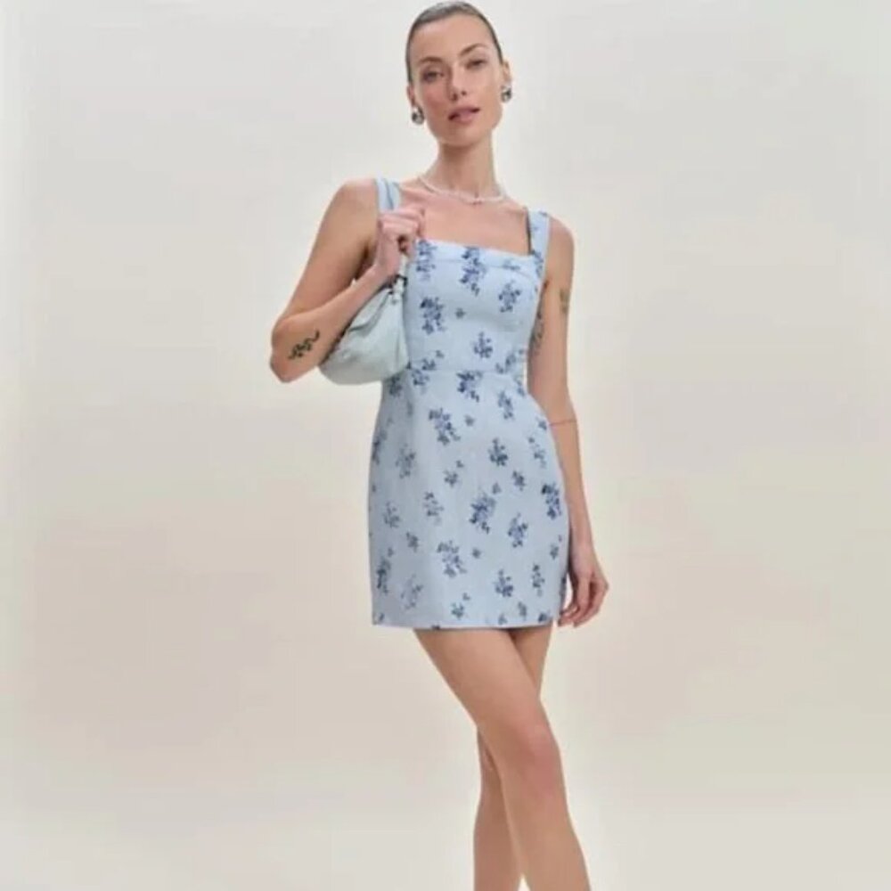 Reformation Celosa Blue Floral Linen Mini Dress Sz: 12